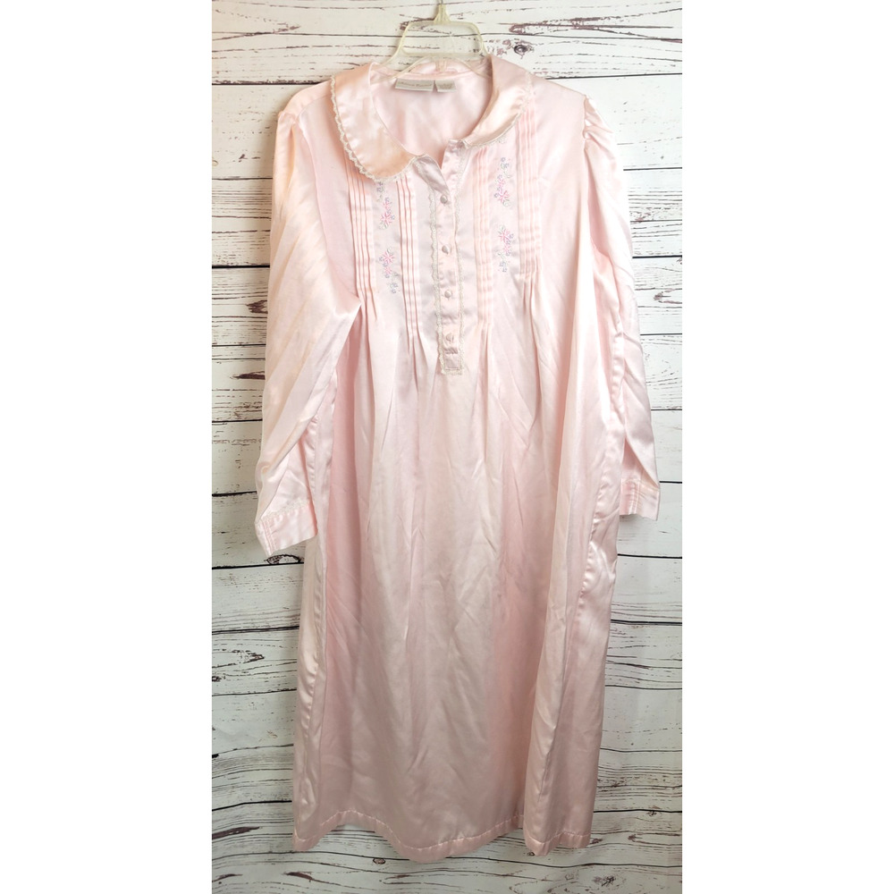 Vintage Intimate Essentials Pink Floral Satin Pintuck Nightgown Women's Sz Large
